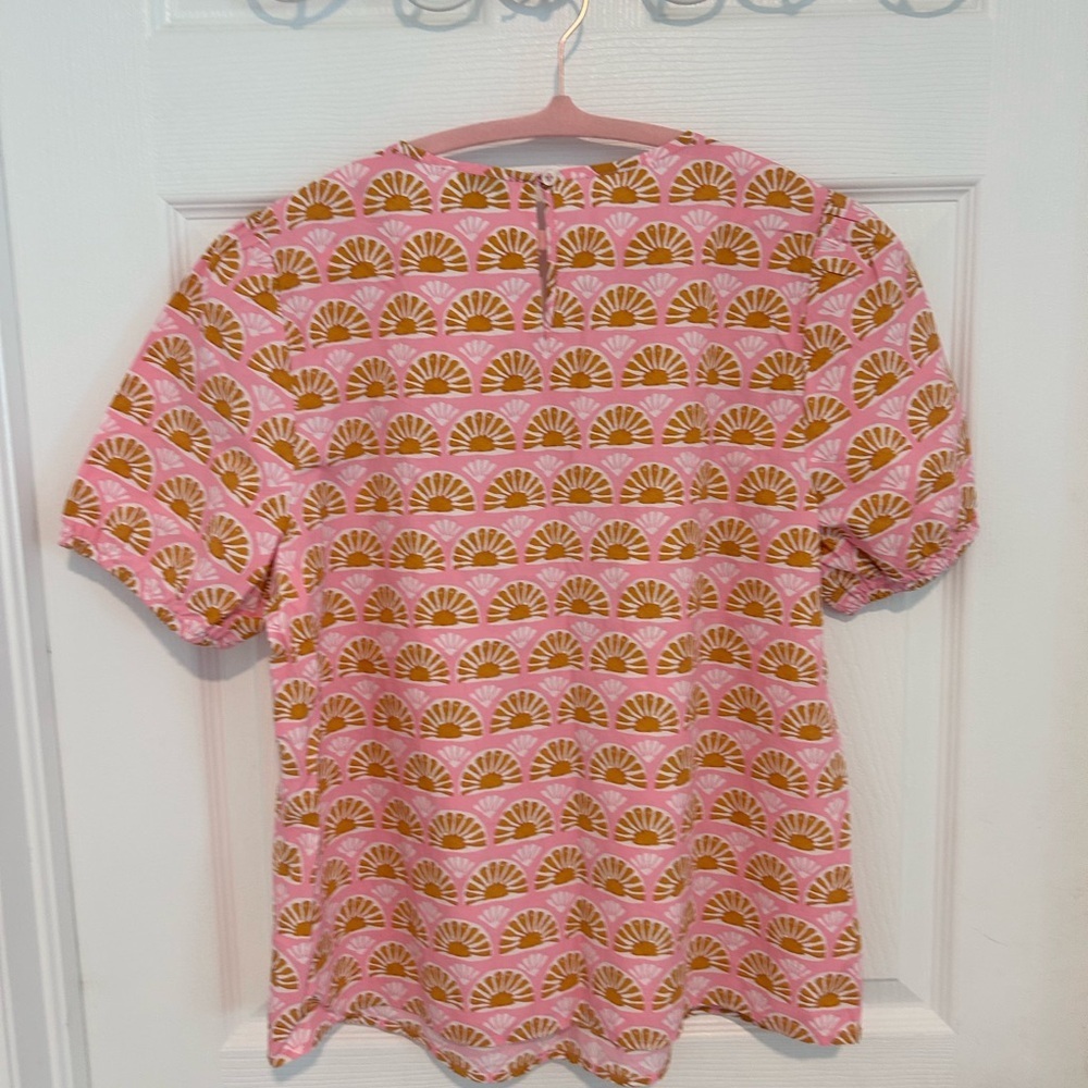 NWT J. Crew Pink Short-Sleeve Cotton Top with Gold Fan Print Summer Size M - Picture 2 of 6